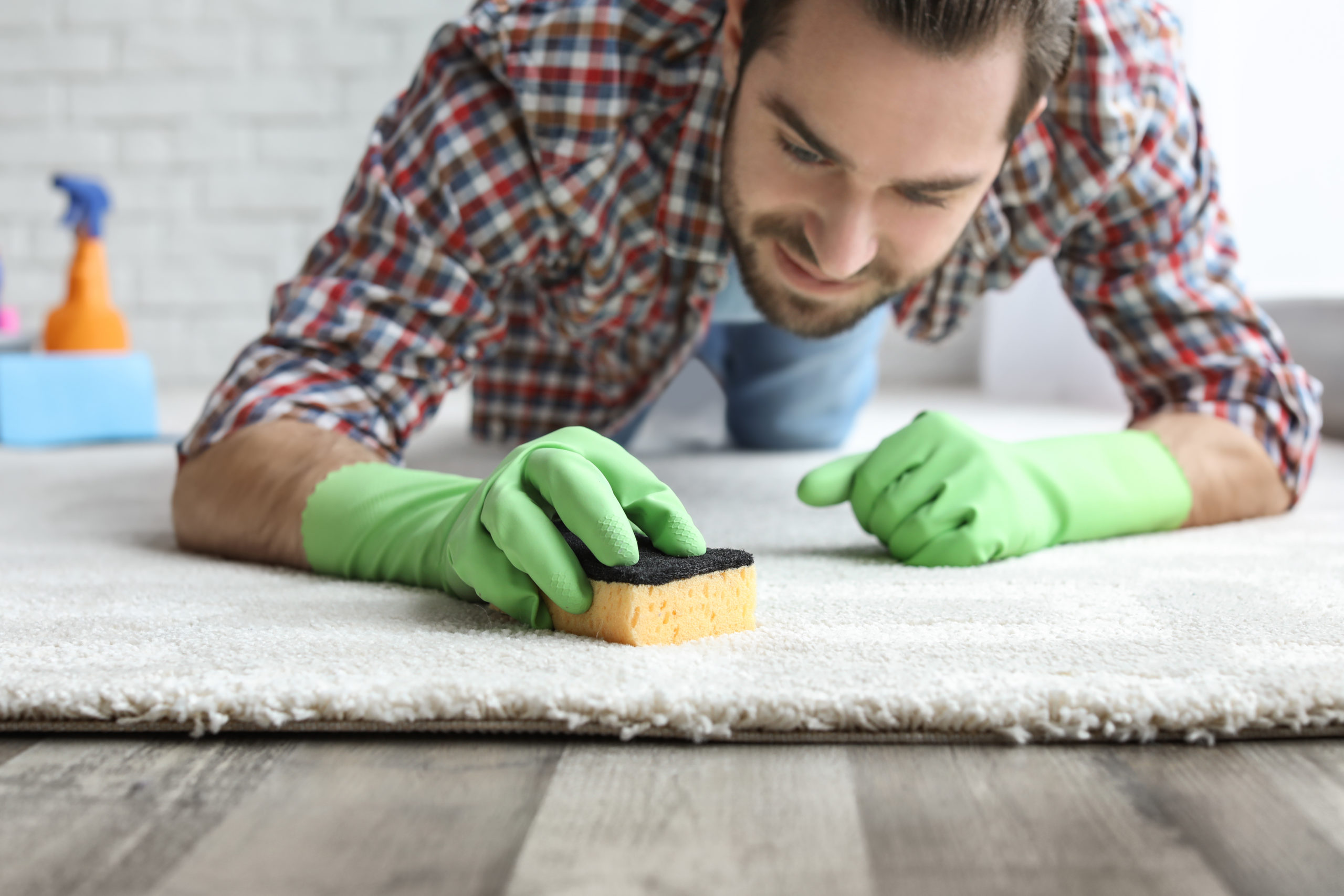 How to Repair Small Issues in your NYC Apartment - Man cleaning carpet at home with gloves and a sponge