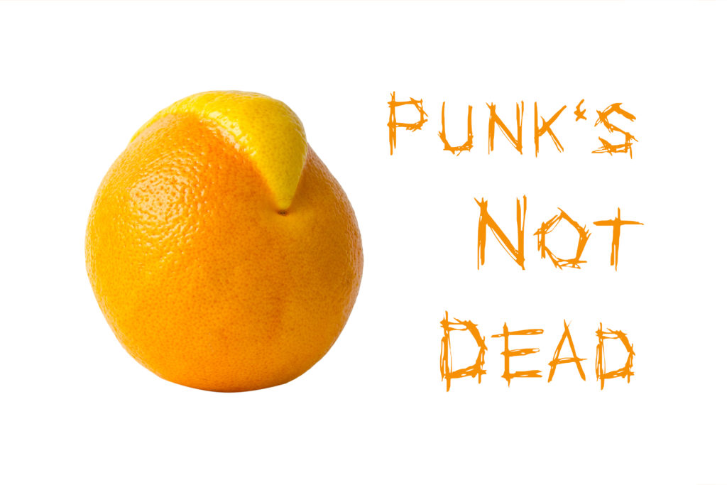 grapefruit with rind like mohawk isolated on white background. With an inscription Punk's not dead. - Bona Fide Punk Scene in NYC (Now)